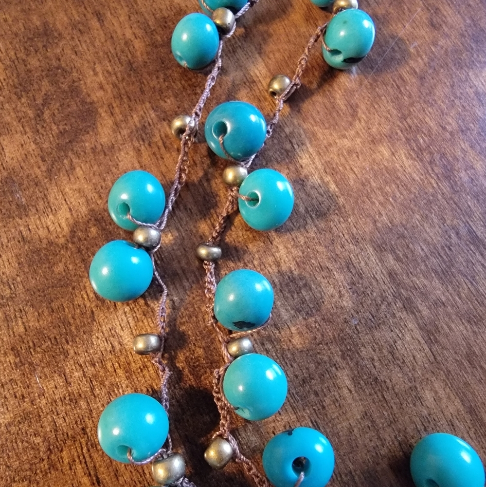 ♡VTG Crocheted Necklace▪︎Turquiose Brass▪︎ - Picture 5 of 8